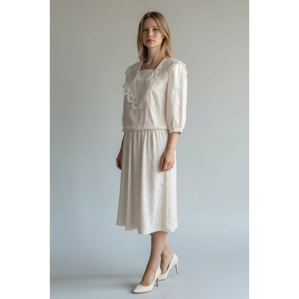 VTG 80s‎ Ivory Dress Edwardian Victorian Sailor Collar Twee Kawai Medium FLAW
